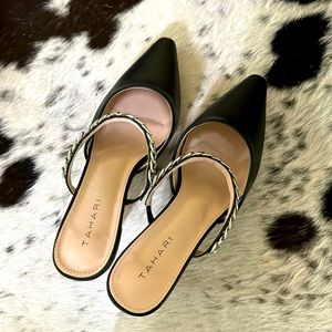 Tahari heels- black with silver metal strap
